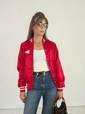 Vintage Red Satin Budweiser Baseball Jacket with White Trim